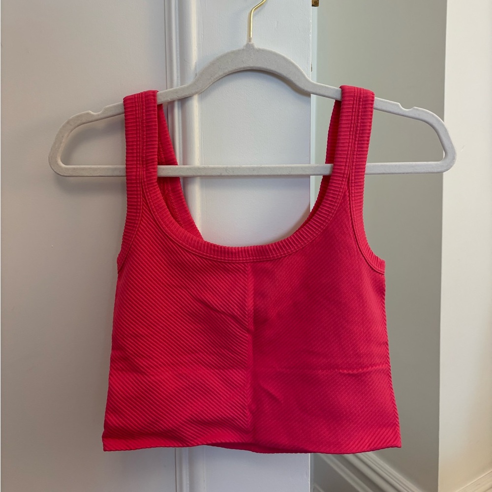 Bright Pink Ribbed Tank Top - Women's Cropped Scoop Neck